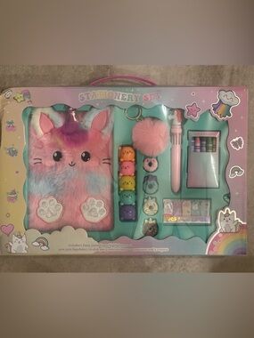 Plush Rainbow Kitty Journal Set with Pom Keychain